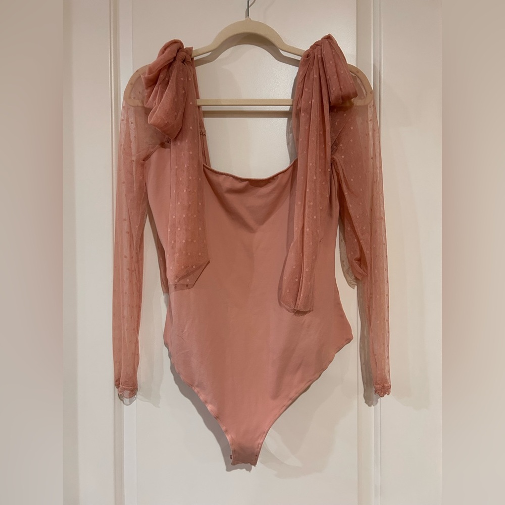 🎀🎀Coquette Pink Sheer Polkadot sleeves Bodysuit draping shoulder bows🎀🎀